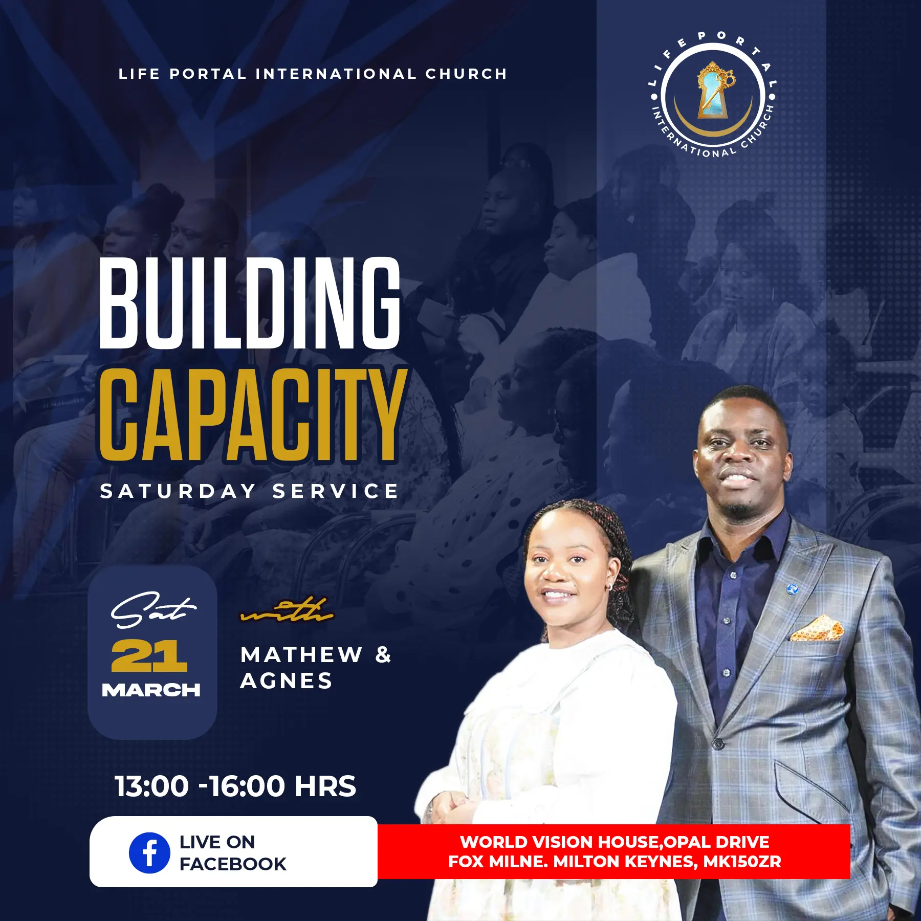 Poster for the Building Capacity Saturday service with Pastors Mathew and Agnes.