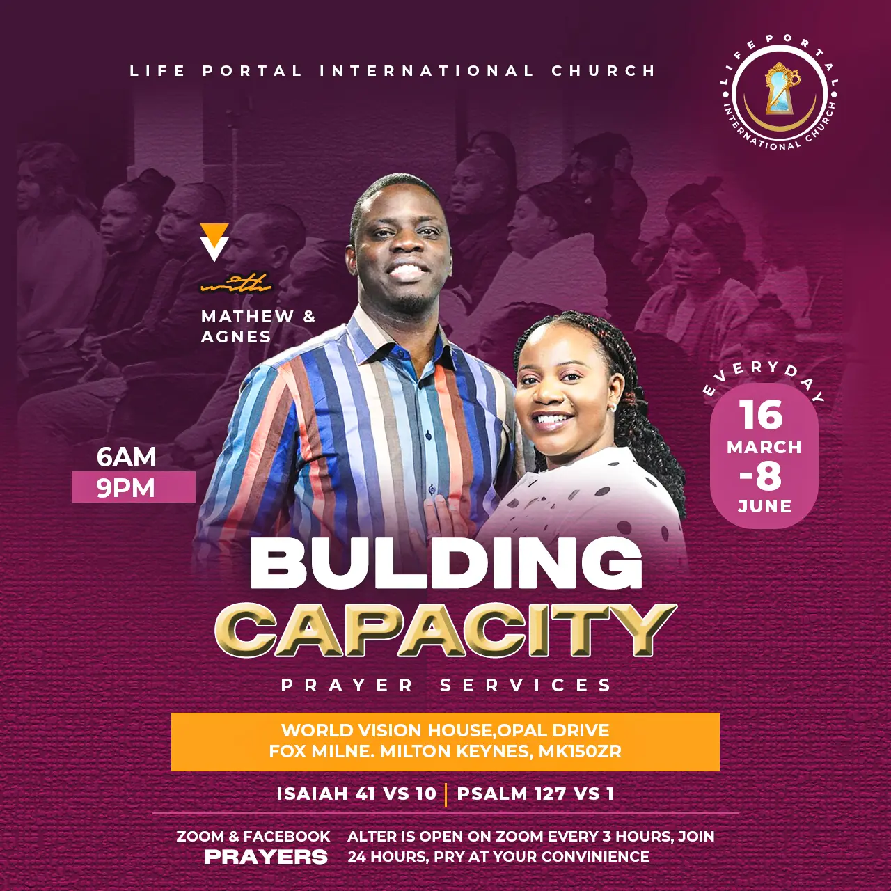 Poster for the Building Capacity daily prayer services, 6am and 9pm.