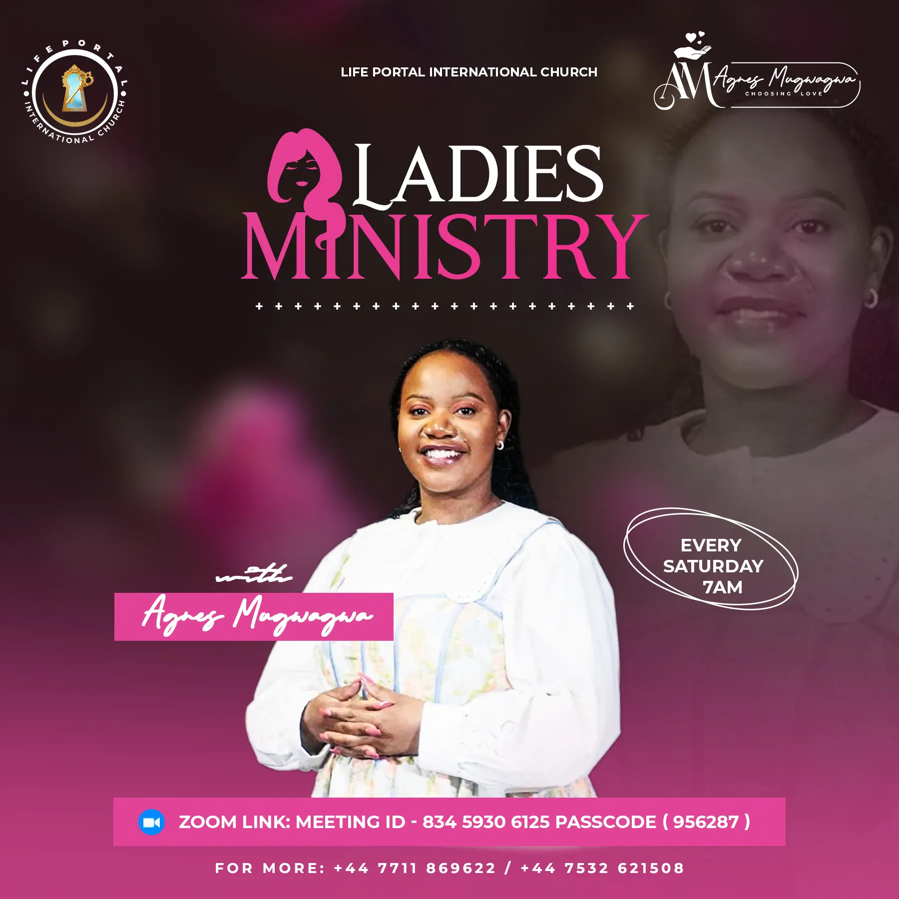 Poster for the Ladies Ministry Saturday morning meeting with Agnes Magwagwa.