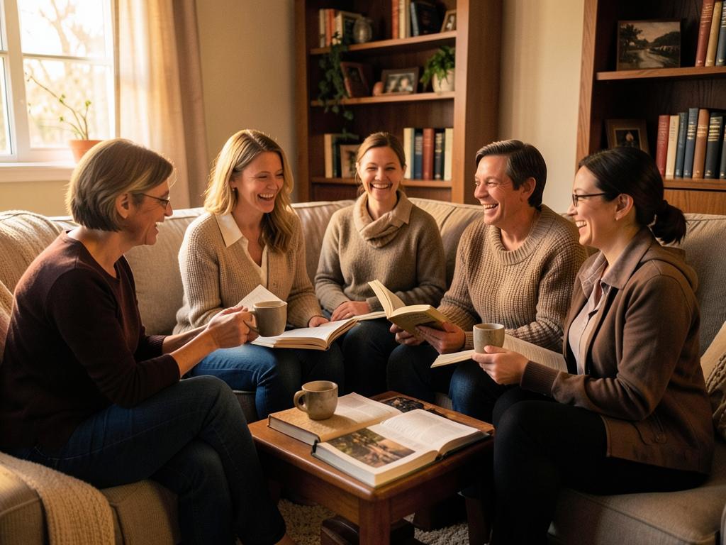 A small group meeting in a home around an open Bible.